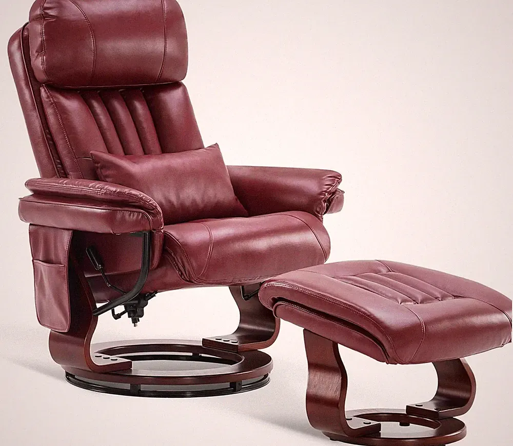 Burgundy Faux Leather Swivel Recliner & Ottoman with Vibration Massage