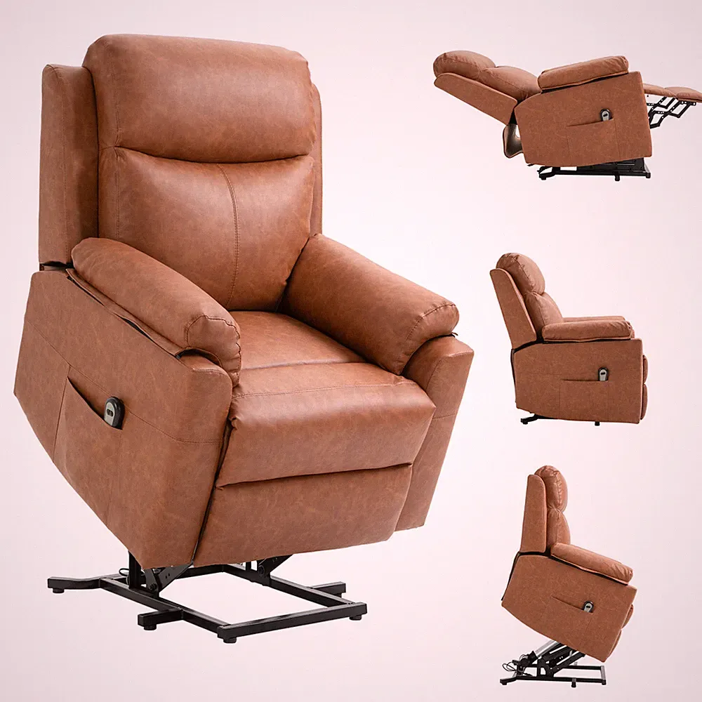 Power Lift Recliner Chair Brown Faux Leather 102H x83W x89Dcm Remote Riser Power